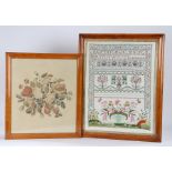 Woolwork picture of flowers, together with a sampler housed in maple frames, (2)