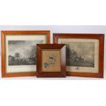 Three prints, to include two maple framed prints and a foliate print with a rosewood frame, (3)