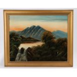 L Kuyi (?) 20th Century Mountains lake & waterfall oil on board indistinctly signed 50cm x 40cm