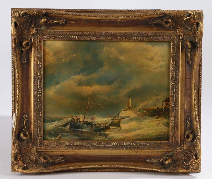Manner of W H Williamson (1820-1883) Fishing in stormy seas off the lighthouse pier oil on board