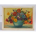 I Hallums , A bowl of pansies oil on board signed cream painted wood frame 35cm x 24.5cm