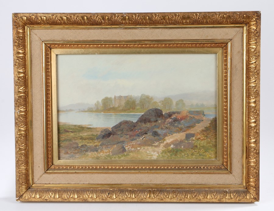 James Hall Cranstoun (1821-1907) rocky path by a river, house in the distance, signed oil on