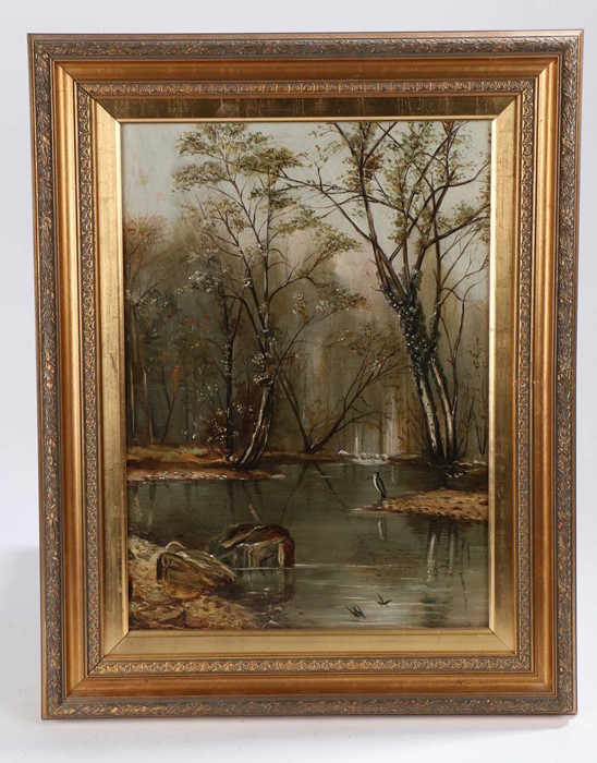 Unsigned (early 20th Century) Heron by the water’s edge in woodland oil on canvas re-lined &
