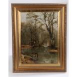 Unsigned (early 20th Century) Heron by the water’s edge in woodland oil on canvas re-lined &