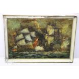 20th Century, Drama at sea : Tudor fighting ships oil on canvas initialled OKO distressed painted