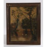 19th/20th Century school, Swans in a woodland pool oil on canvas 33cm x 43cm glazed & framed