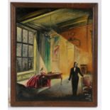 H, Robinson, circa 1956, interior scene with a lady playing a piano and a gentleman by a chair, 28cm