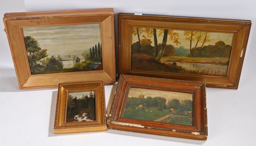 A collection of framed landscapes to include: a French manor house oil on card 26cm x 18cm;