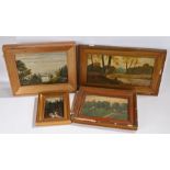 A collection of framed landscapes to include: a French manor house oil on card 26cm x 18cm;