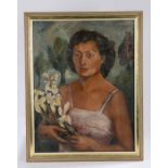 20th Century British school, Half-length portrait of a woman holding sprays of orchids oil on canvas