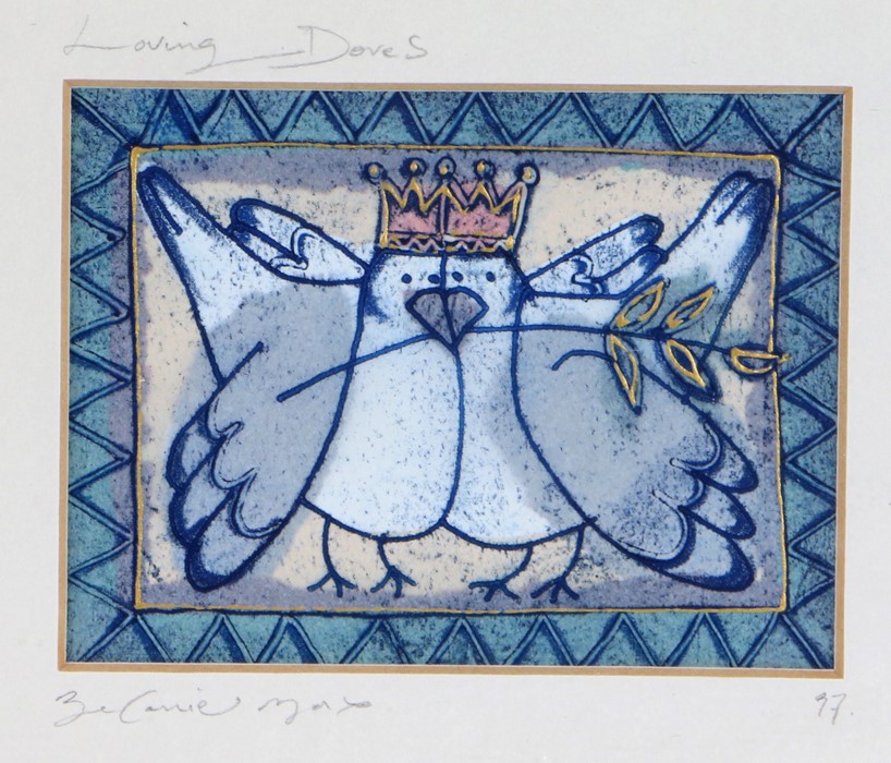 Melanie Max (20th Century British), "Loving Doves", signed monoprint dated '97, housed in a gilt