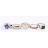 Five silver and coloured paste set rings, various sizes and styles, to include a substantial blue