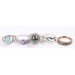 Five silver and coloured paste set rings, various sizes and styles, to include a silver gilt clear