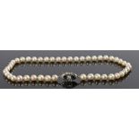 Pearl diamond and sapphire necklace, the clasp set with diamonds and sapphire to the string of