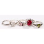 Five silver and coloured paste set rings, various sizes and styles, to include a substantial red and