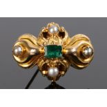 Victorian emerald and pearl set brooch, with rectangular central emerald with a four pearl surround,