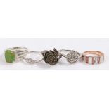Five silver and coloured paste set rings, various sizes and styles, to include a ring with rose form