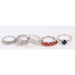 Five silver and coloured paste set rings, various sizes and styles, to include a clear paste set