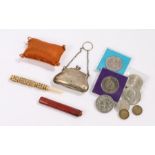 Collection of objects, to include a silver platd purse, coins, an 1885 miniature cushion, steel