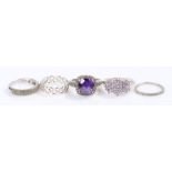 Five silver and coloured paste set rings, various sizes and styles, to include a substantial