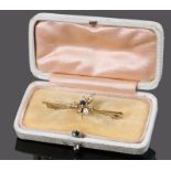 Sapphire diamond and pearl set insect brooch, with a wasp set with the gemstones on a the bar
