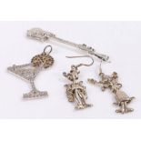 Pair of silver earrings depicting Popeye and Olive Oil, silver and paste set cocktail glass pendant,