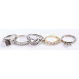 Five silver and coloured paste set rings, various sizes and styles, to include a silver gilt