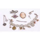 Silver jewellery, to include charm bracelet, cameo style brooch/pendant, brooch, bracelet etc. 48.9g