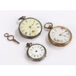 Three pocket watches, to include two silver examples and a brass example, (3)