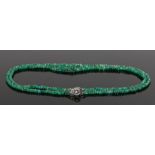 Emerald diamond and pearl necklace, the clasp set with a central pearl and diamond surround, with an