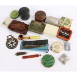 Mixed objects, to include compacts, a pipe, pipe tools, tins, etc, (qty)