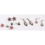 Five pairs of silver earrings, 20.6g (10)One of the pink ball earrings with missing top