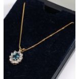 9 carat gold neckalce with blue and clear stone set 9 carat gold pendant, 2gNo visible condition