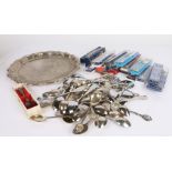 Collection of approximately 60 souvenir teaspoons, some in cases, plated salver (qty)