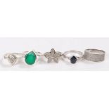 Five silver and coloured paste set rings, various sizes and styles, to include a substantial