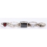 Five silver and coloured paste set rings, various sizes and styles, to include a substantial