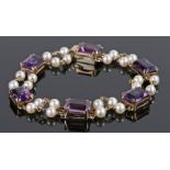 14 carat gold pearl and amethyst bracelet, with emerald cut amethyst and pearl links, 19cm long