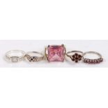 Five silver and coloured paste set rings, various sizes and styles, to include a substantial pink