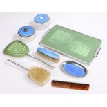 Vanity set, in green guilloche enamel style, together with blue guilloche style pots, tray and brush