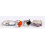 Five silver and coloured paste set rings, various sizes and styles, 19.6g (5)No visible condition