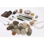 Collection of objects, to include pens, coins, rings, cameo, dial, etc, (qty)