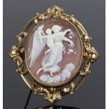 19th Century cameo broch, carved with a classical maiden with putto, 67mm high