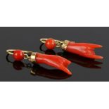 Pair of Victorian coral carved earring drops, carved as hands, 28mm long