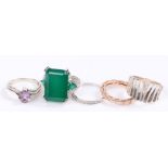 Five silver and coloured paste set rings, various sizes and styles, to include a substantial green