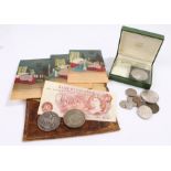 Victoria Crown, 1890, together with a 1937 Crown, 10 Shillign note, postcards, further coins, (qty)