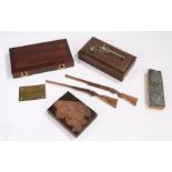 Two model of shotguns, cast in metal, together with printing blocks name plate and box, (7)