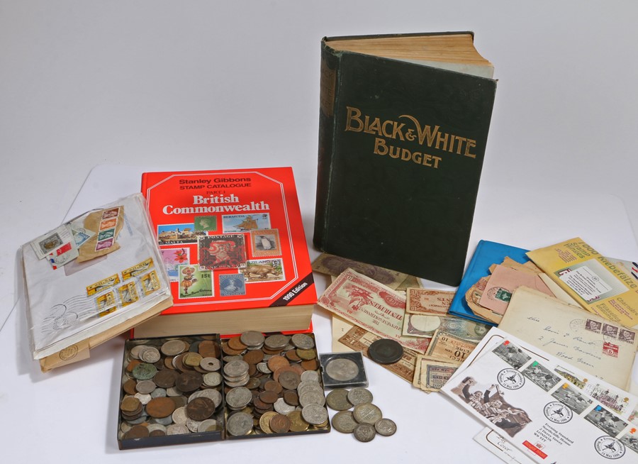 Colleciton of stamps and coins, to include some pre 1947 coins, etc, (qty)