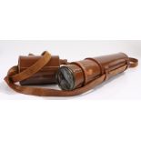 British military three drawer brass telescope with leather cover and outer case, marked B.C Ltd,