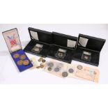 Coins and tokens, to include cased set, Victorian Half Crown, gaming counters, cheques, covers and