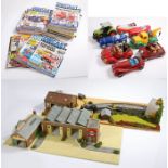 Collection of model cars, together with train set parts, together with a collection of model